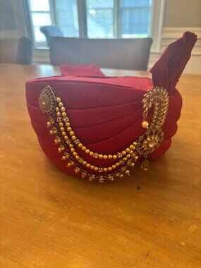 Red Raw Silk Groom Hat with Gold & Bronze Jewels + Matching Crepe Scarf Wedding